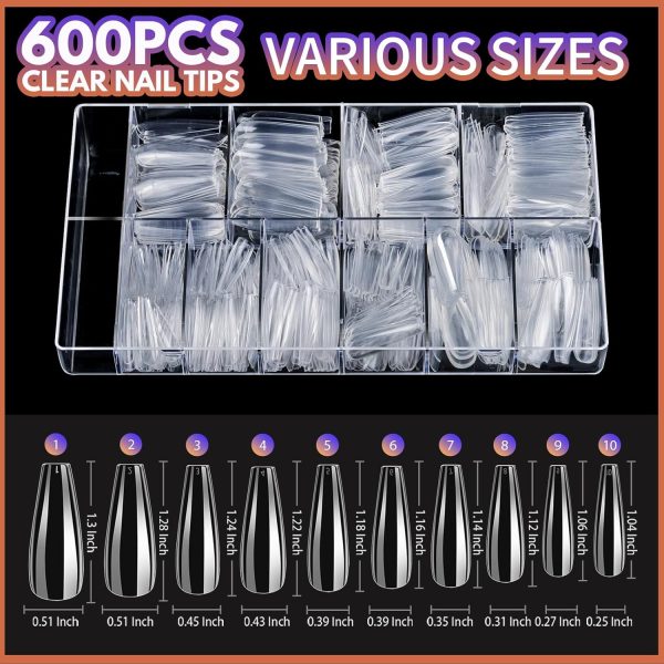 Teenitor Clear Coffin Nail Tips Set, Long Acrylic Nail Kit Full Cover Clear Press On Nails, 600 Pcs Fake Nails with Glue, Acrylic Nail Clipper Files and Buffer Polisher - Image 2