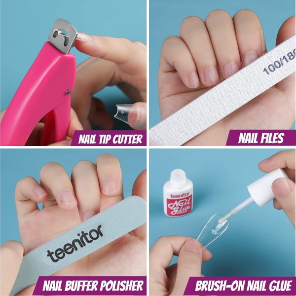 Teenitor Acrylic Fake Nails Kit, Press On Nail Supplies with Clear Coffin Nail Tips Nail Stand Nail Art Brushes Dotting Pen Glitter Sequins Sticker Rhinestones Nail Decorations Press On Nails Kit - Image 5
