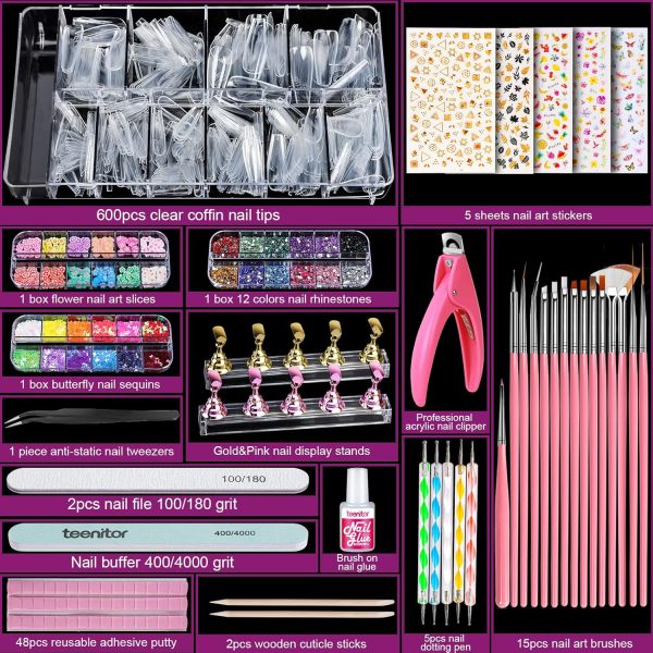 Teenitor Acrylic Fake Nails Kit, Press On Nail Supplies with Clear Coffin Nail Tips Nail Stand Nail Art Brushes Dotting Pen Glitter Sequins Sticker Rhinestones Nail Decorations Press On Nails Kit - Image 6