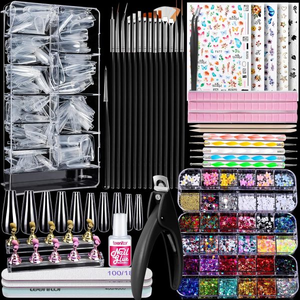 Teenitor Acrylic Fake Nails Kit, Press On Nail Supplies with Clear Coffin Nail Tips Nail Stand Nail Art Brushes Dotting Pen Glitter Sequins Sticker Rhinestones Nail Decorations Press On Nails Kit - Image 8
