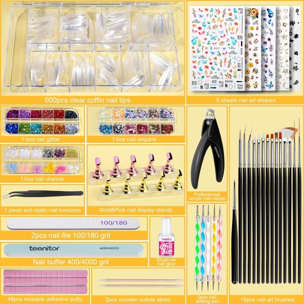 Teenitor Acrylic Fake Nails Kit, Press On Nail Supplies with Clear Coffin Nail Tips Nail Stand Nail Art Brushes Dotting Pen Glitter Sequins Sticker Rhinestones Nail Decorations Press On Nails Kit - Image 9