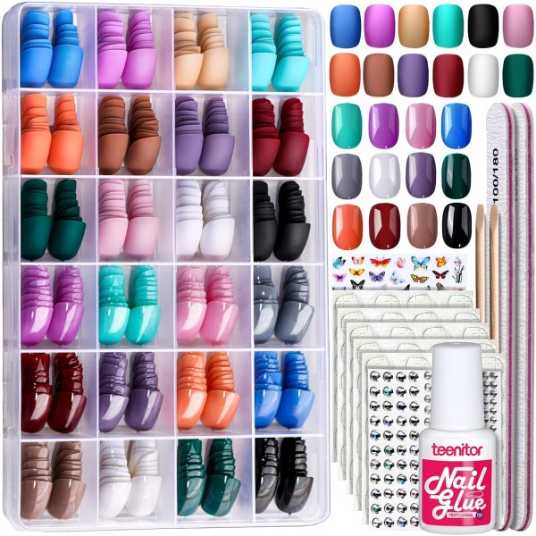 Teenitor Short Press On Nails with Glitter, 12 Sizes Square, Matte & Glossy Finish - Image 8