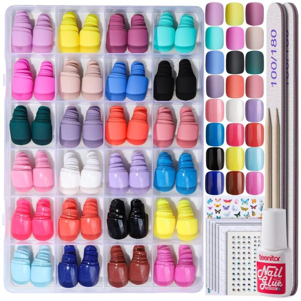 Teenitor Short Press On Nails with Glitter, 12 Sizes Square, Matte & Glossy Finish - Image 21