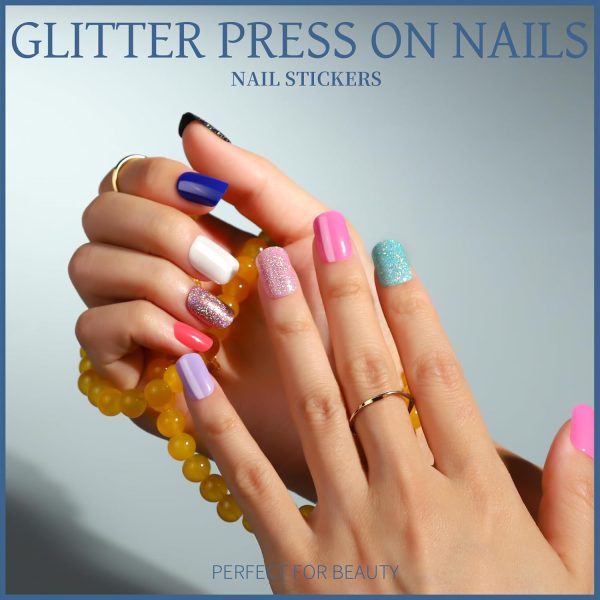 Teenitor Short Press On Nails with Glitter, 12 Sizes Square, Matte & Glossy Finish - Image 43