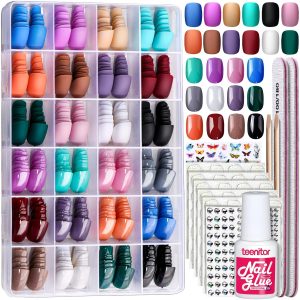 Teenitor 24Pack Short Press On Nails, 576Pcs Round Press On Nails, Matte and Glossy Short Fake Nails With Glue